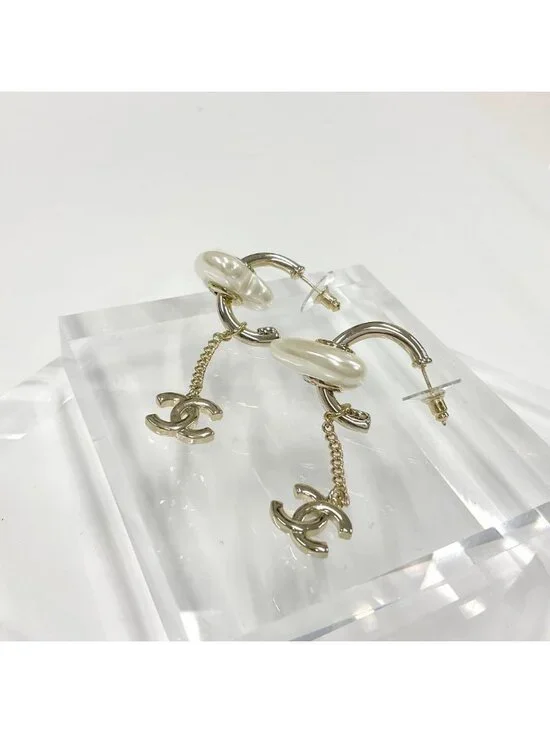 Chanel Earrings Hoop CC Logo Pearl Line Stone Gold - Picture 3 of 9